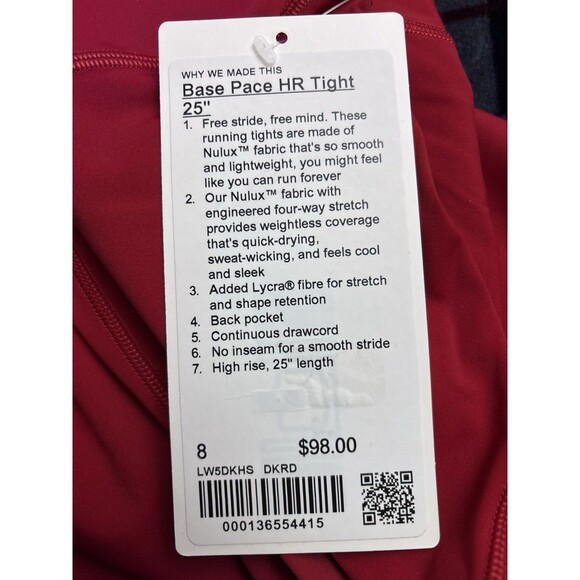 Lululemon Women’s Base Pace HR Tight Legging 25” DKRD Dark Red Sz 8 $98 New - Picture 3 of 4